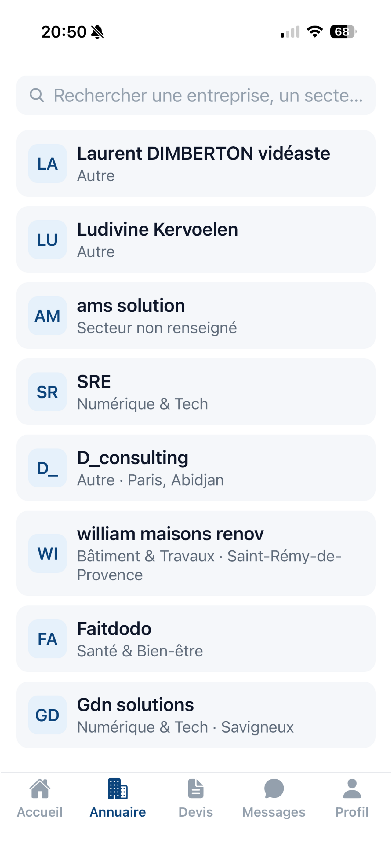 Annuaire Btobook sur l'application mobile