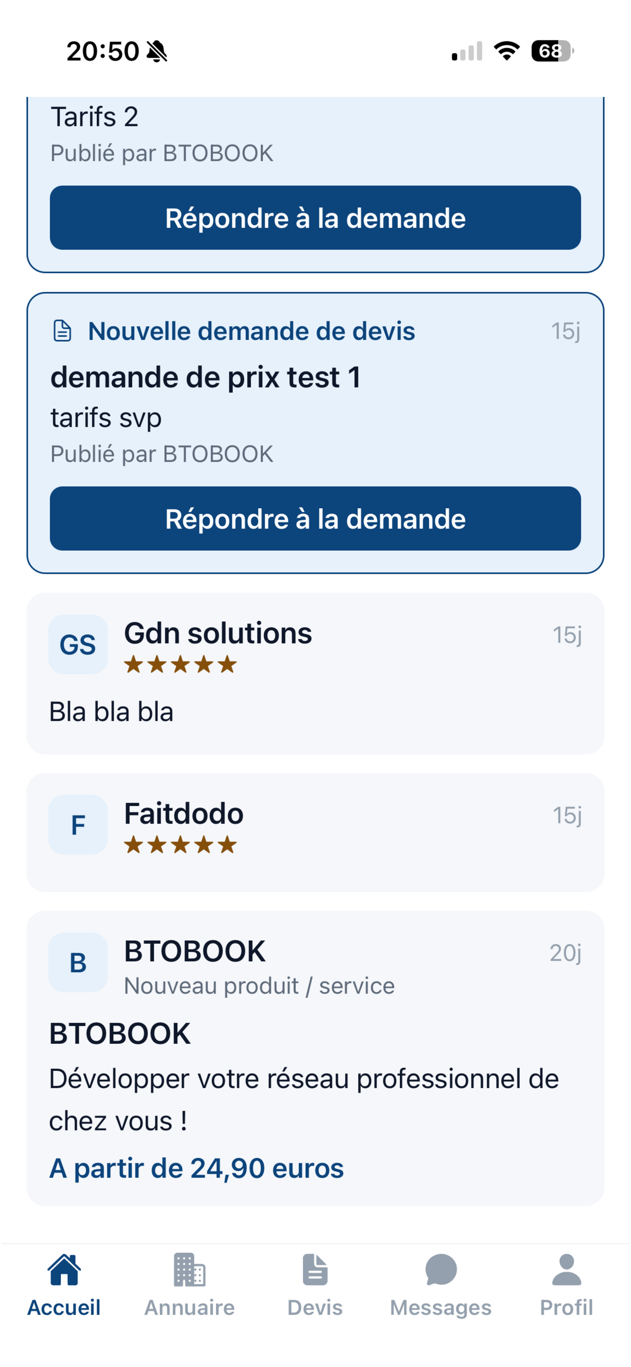 Espace entreprise Btobook sur l'application mobile
