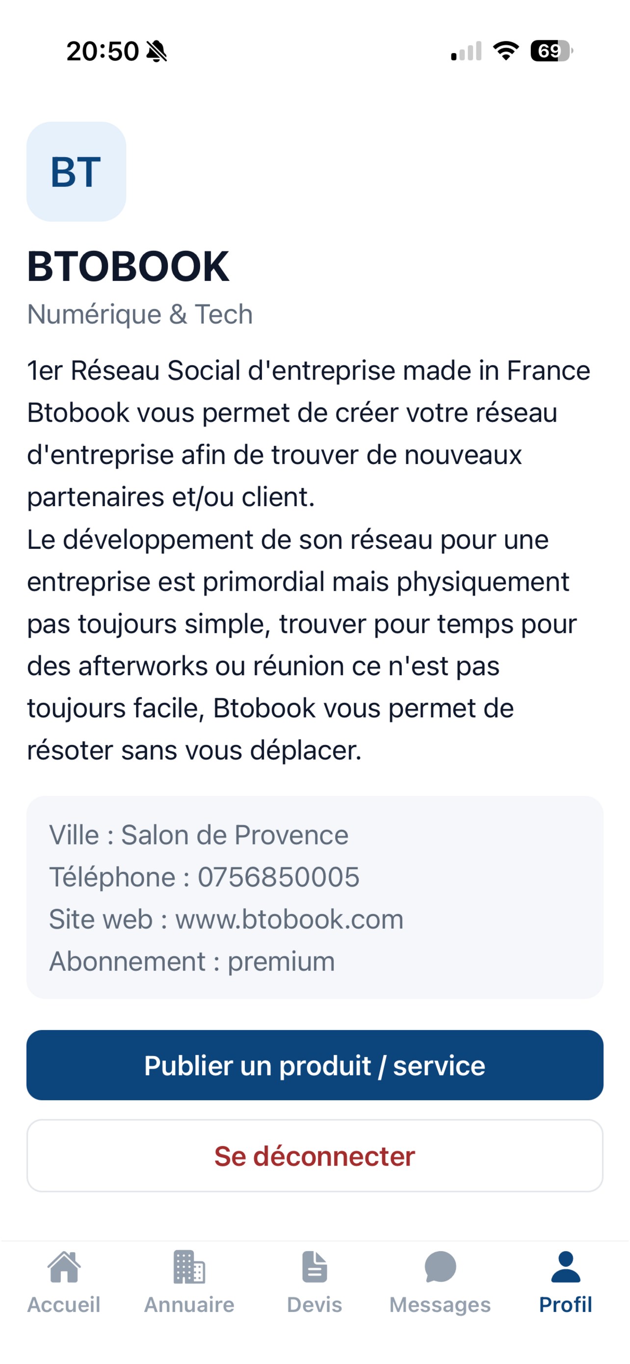 Vitrine professionnelle Btobook sur l'application mobile