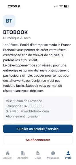Vitrine professionnelle Btobook sur l'application mobile